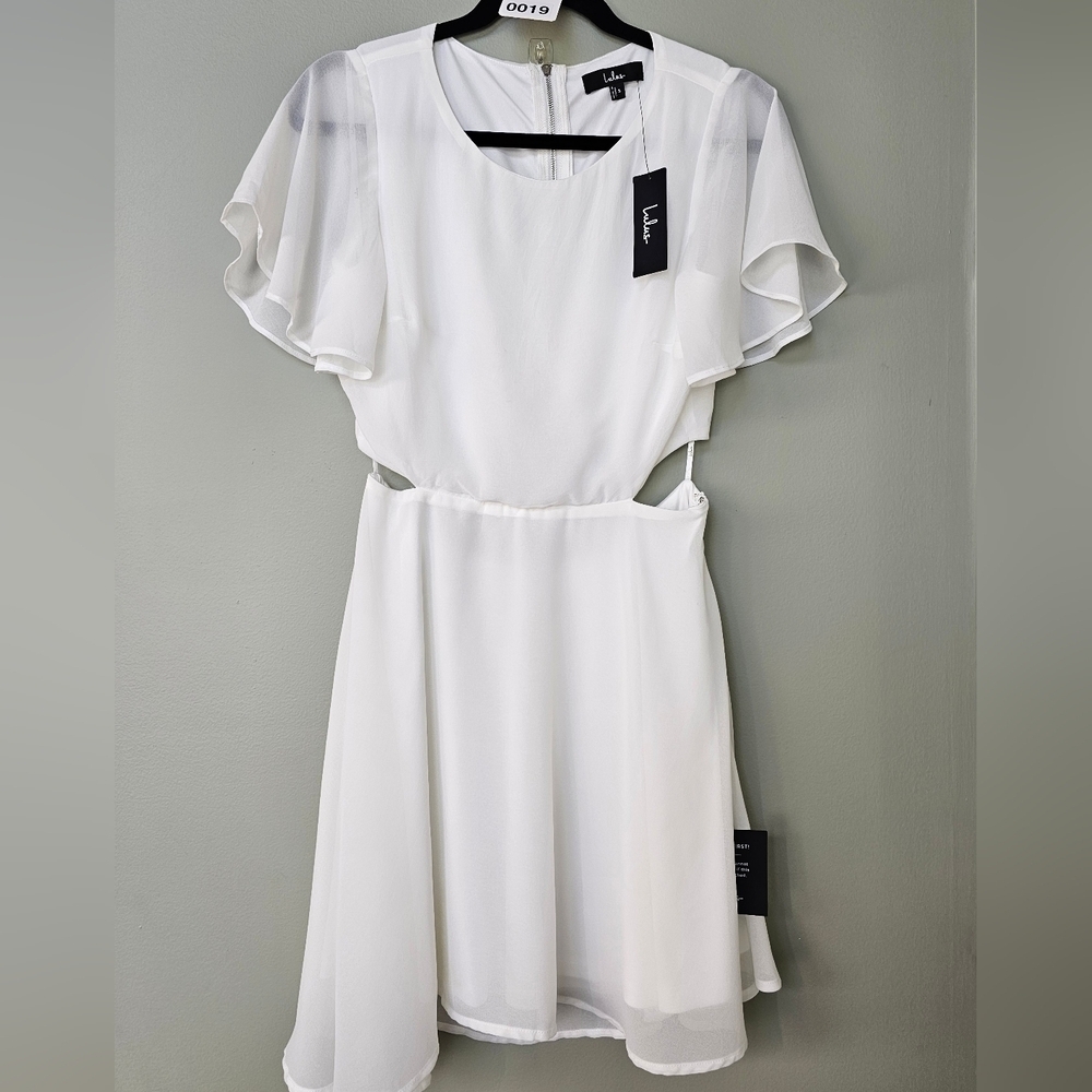 Lulus Blissful Love Ivory Cutout Mini Skater Dress, Flutter Chiffon Sleeves - Picture 8 of 11